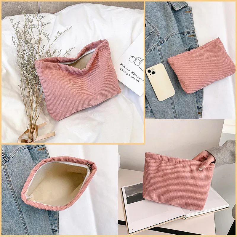 trousse de maquillage en velours côtelé pour femme, style ins, grande capacité, pochette cosmétique portable, étui à rouge à lèvres, porte-monnaie, pochette téléphone, sac à main