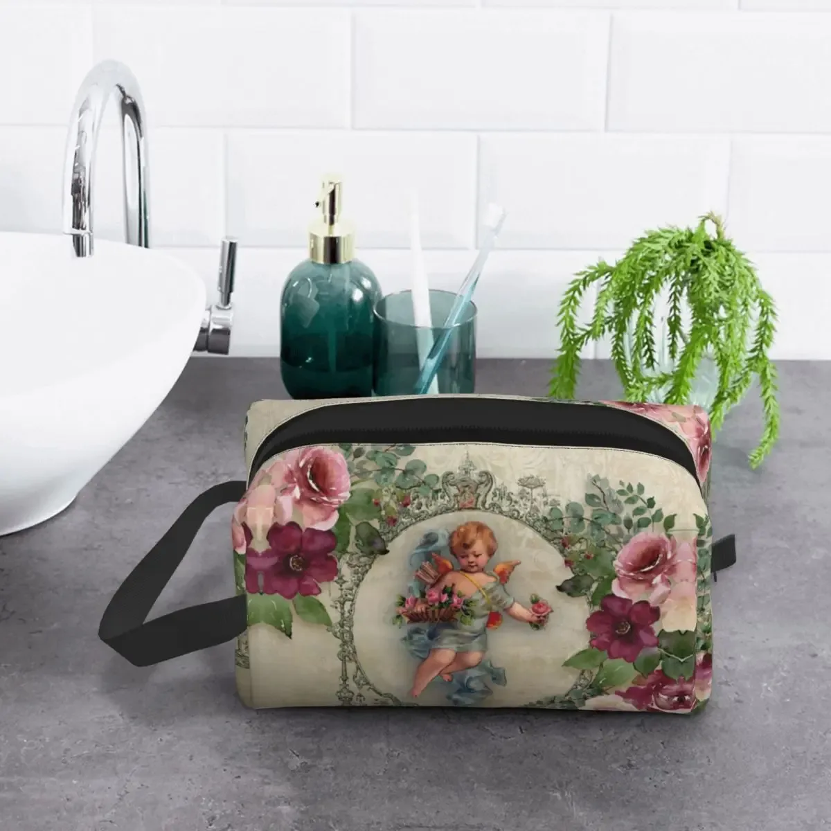 sac à cosmétiques de voyage personnalisé pour femmes, rose vintage, ange victorien, trousse de toilette de maquillage, trousse de rangement de beauté