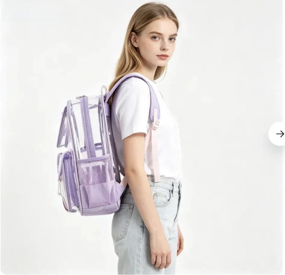 sac à dos transparent en pvc approuvé pour les stades, design transparent avec bretelles à coussin d'air, imperméable et résistant.