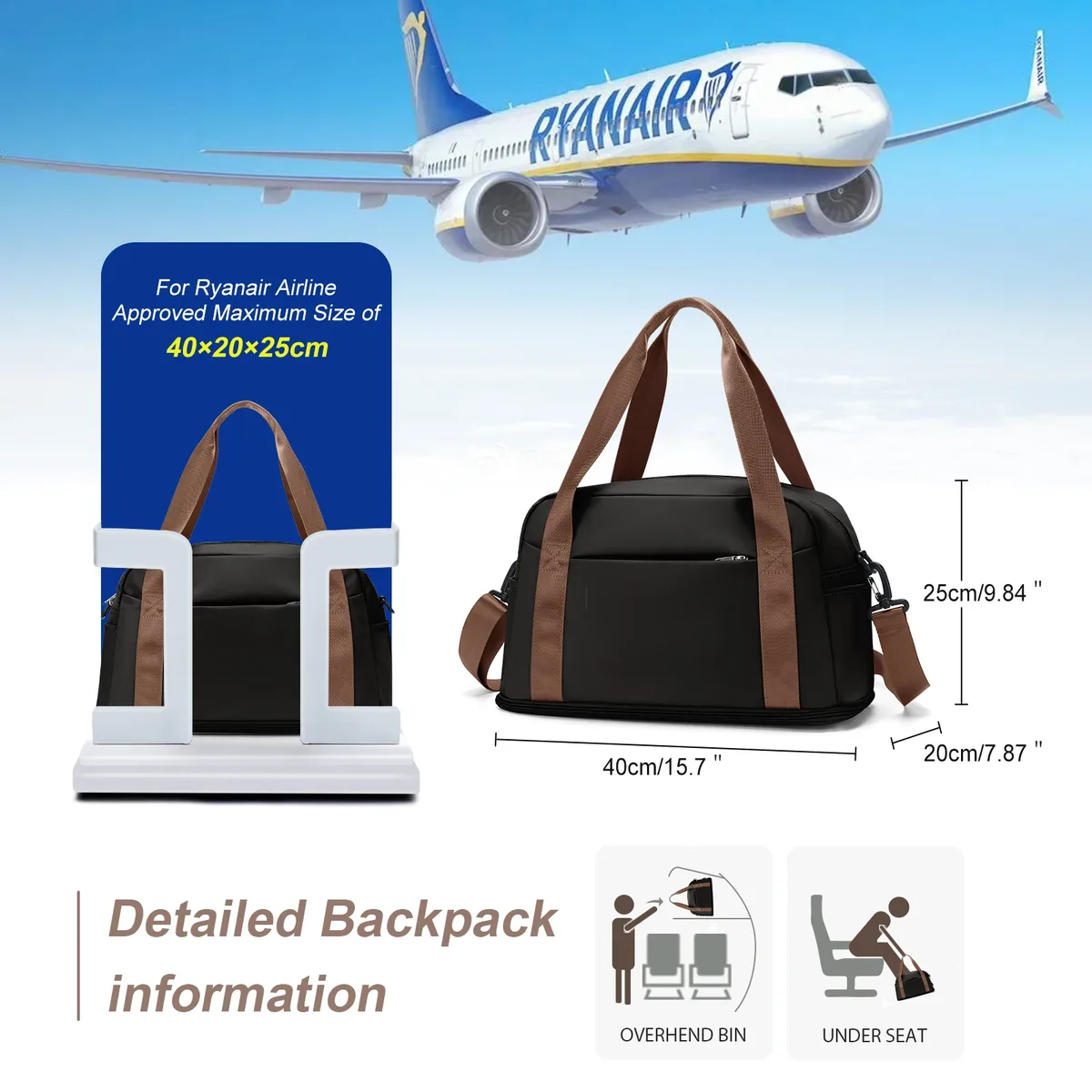 sac de cabine 40x20x25 ryanair, grand bagage à main maximum 45x36x20 pour hommes et femmes, sac de week-end fourre-tout de sport, sac polochon de voyage