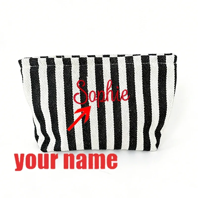 sac de maquillage coloré brodé personnalisé avec monogramme pour femme, pochette de toilette rayée pastel, cadeau evjf pour la douche nuptiale