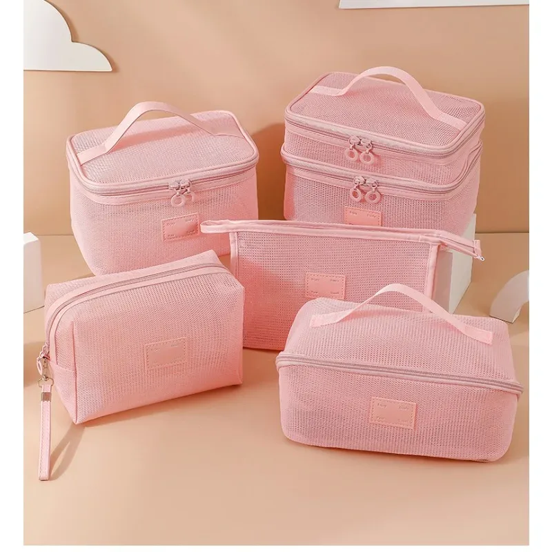 organisateur de toilette transparent de grande capacité, pochette de rangement cosmétique portable pour femmes, sac à maquillage respirant en maille