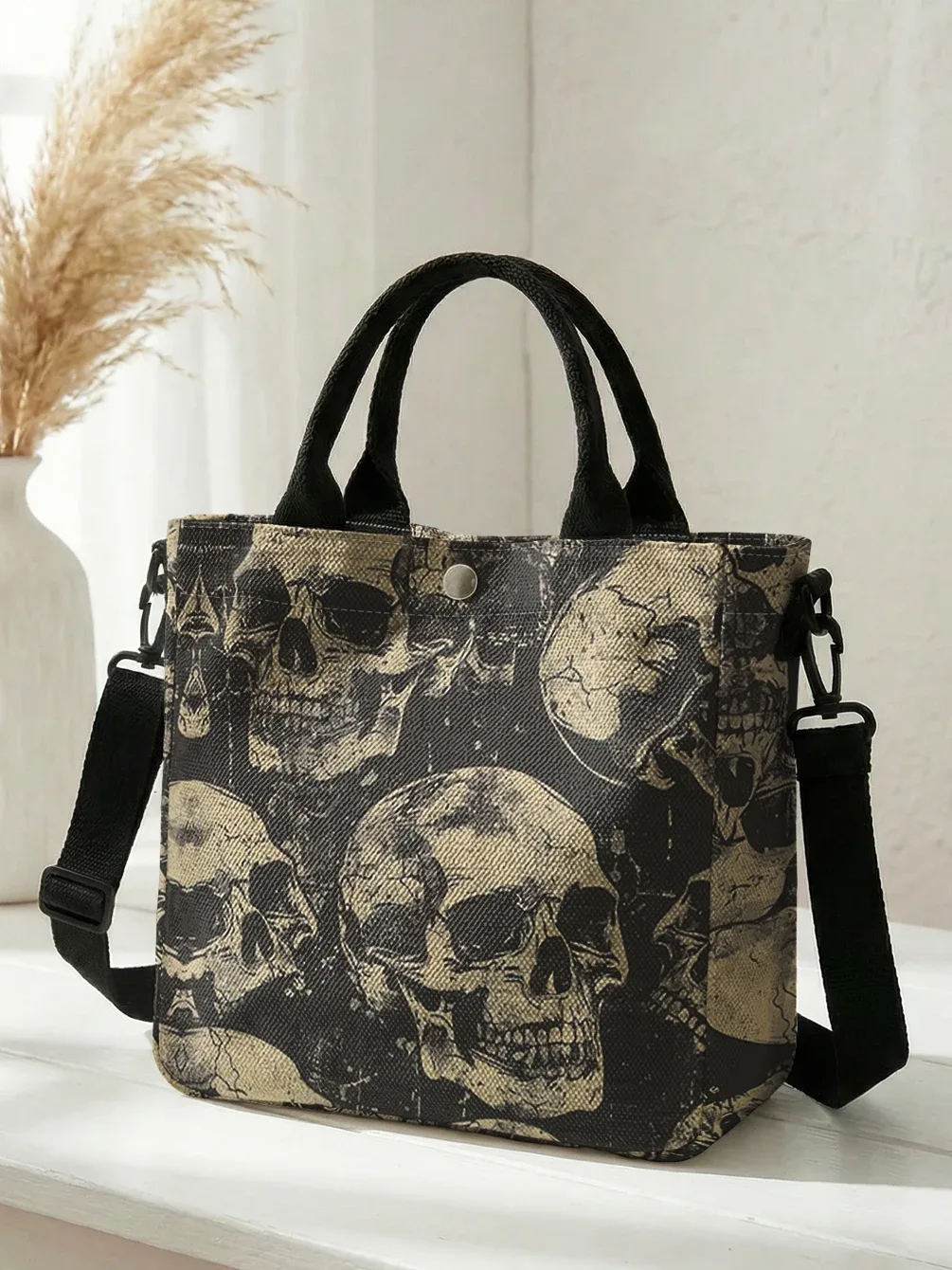 sac fourre-tout vintage imprimé crâne vieilli avec bandoulière amovible, sac à main bandoulière pour femme, idéal pour le shopping quotidien