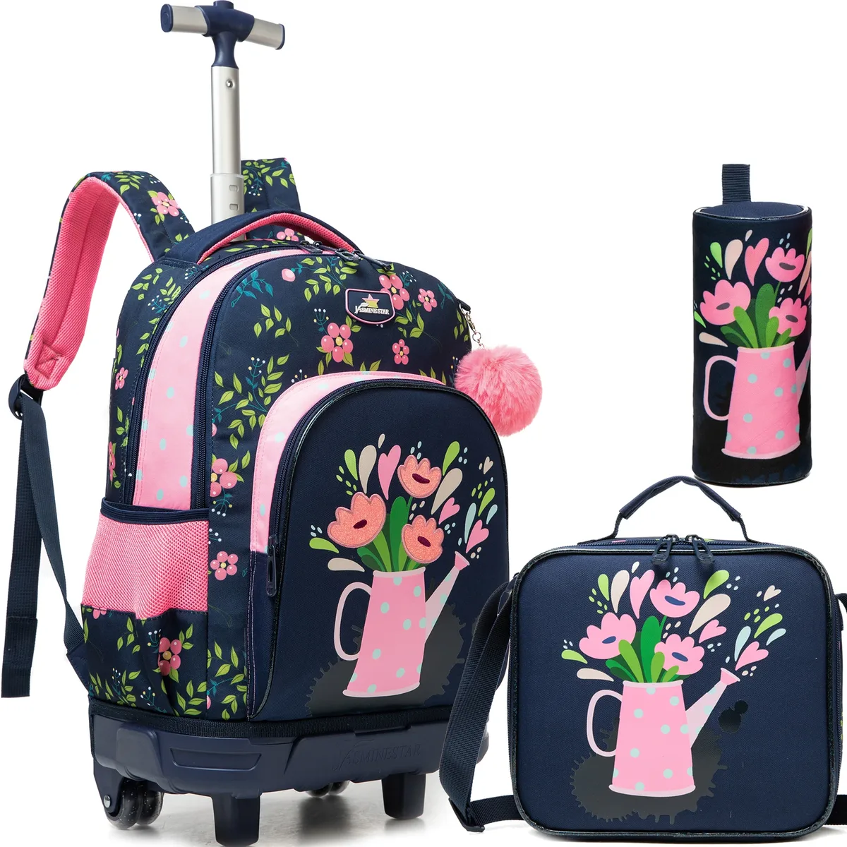 sac dos polyester bleu marine chat rose bicyclette fleurs multicolores grande capacité poche ordinateur portable roues fixes accessoires enfants voyage ecole