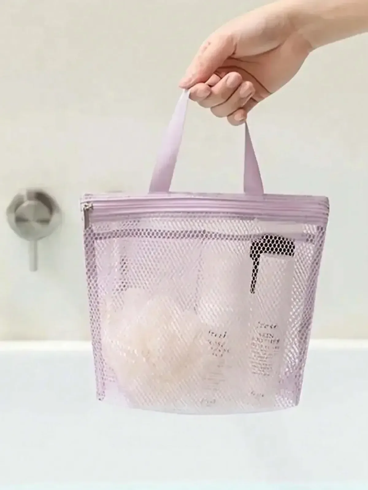 1 sac de douche en maille, sac de maquillage de voyage, sac de toilette portable de grande capacité, sac de rangement suspendu pour salle de bain, peut contenir du rouge à lèvres