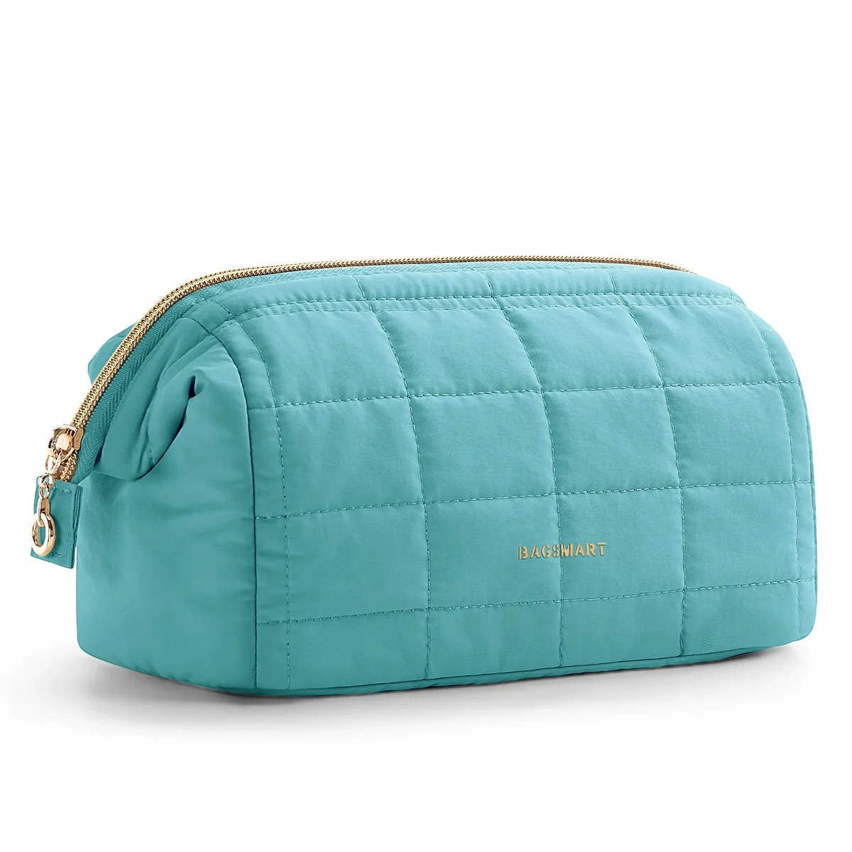 trousse toilette cosmétique taslan rose motif coutures quadrillées rectangulaire glissière dorée voyage femmes maquillage