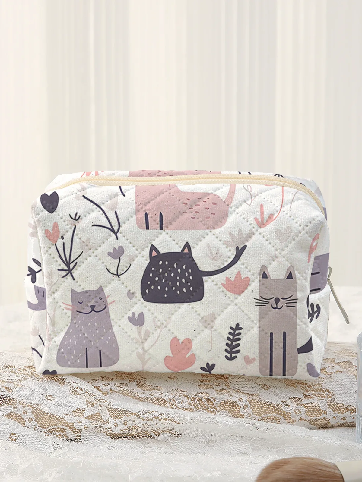 grande trousse de toilette matelassée, motif chat de dessin animé et cœurs botaniques, couleur douce, avec fermeture éclair, pour maquillage, pour femme, pochette de rangement quotidienne et de voyage