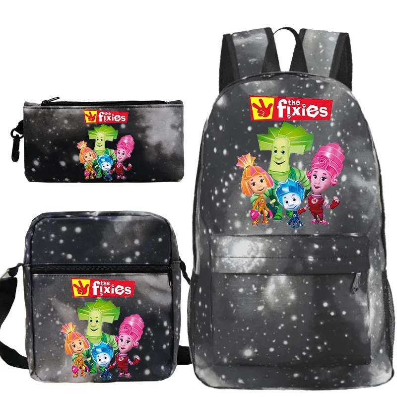 sac dos toile polyester imprimé personnages colorés the fixies unisexe décontracté compartiment intérieur bandoulière arquée fermeture éclair bleu noir gris voyage enfant