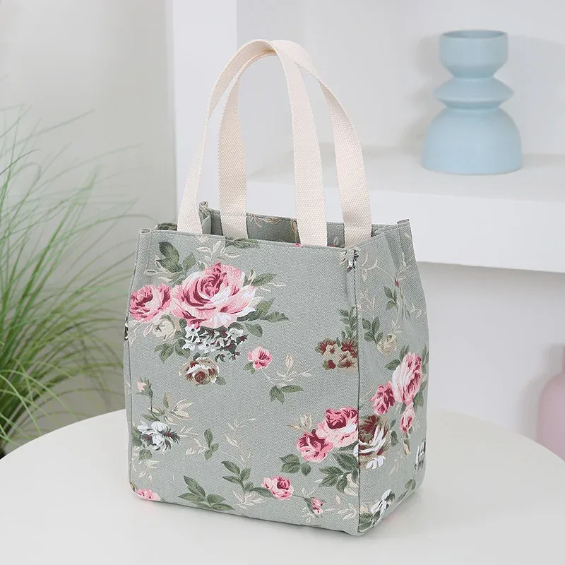 Nouveau sac à main en toile imprimé de fleurs, sac de travail portable multi-poches avec fermeture éclair semi-fermée, sac de rangement quotidien, sac à bento.