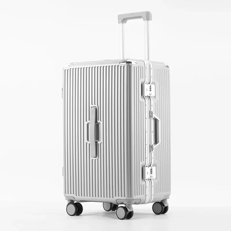 valise bagage roulante aluminium blanc violet grand capacité compartiment divisé roues bandes orange voyage étudiant