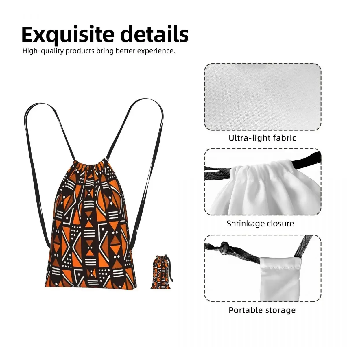 sac à dos à cordon de serrage en tissu bogolan africain, art ethnique tribal africain, sac de randonnée et de cyclisme, sac de rangement léger pour hommes et femmes