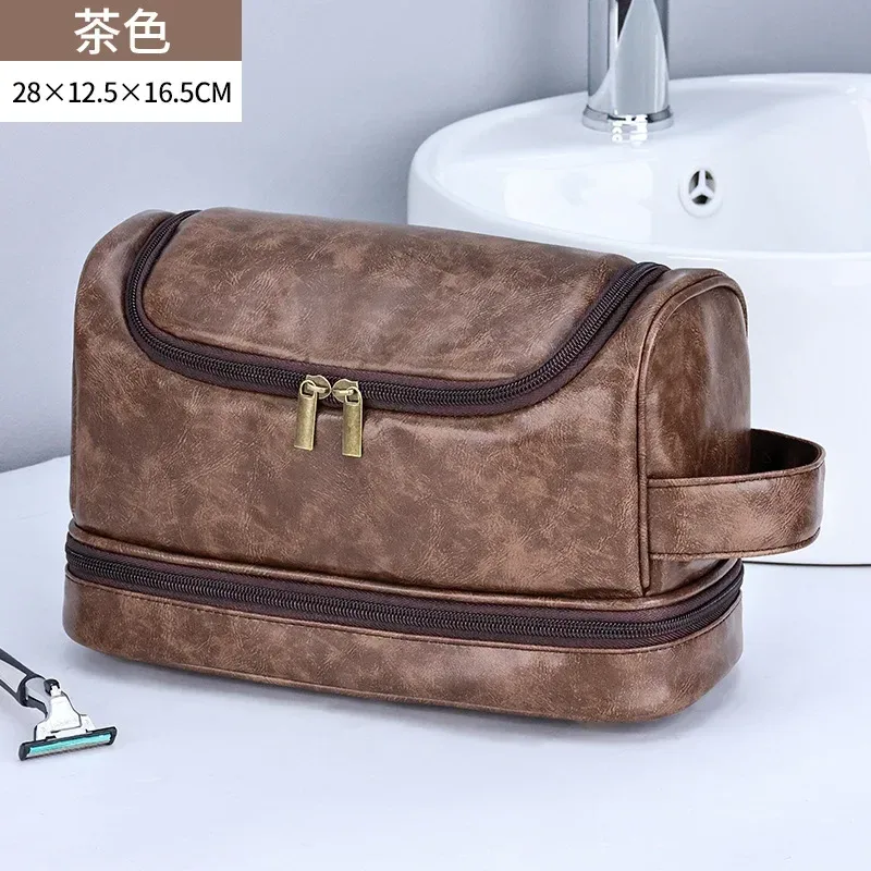 nouvelle trousse de maquillage suspendue 2026, grande capacité, en cuir pu, trousse de toilette double couche, trousse de cosmétiques pour hommes, organisateur d'essentiels de voyage