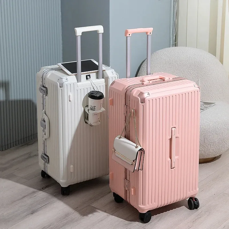 valise de voyage à grande capacité, avec cadre en aluminium, roulettes et porte-gobelet, valise de cabine 24/28/30 pouces