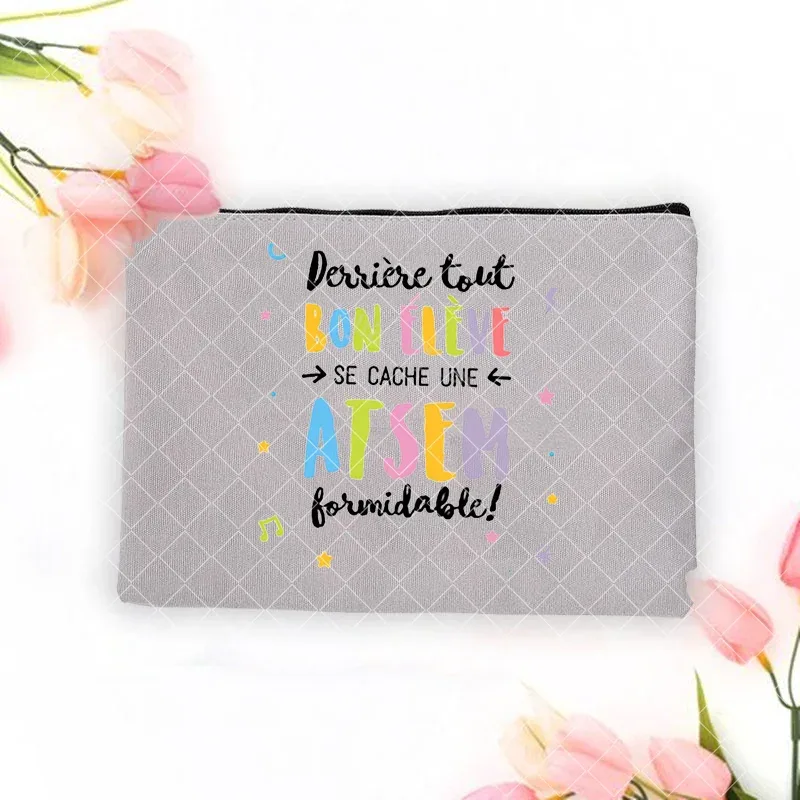 merci atsem – trousse de maquillage imprimée française, grande trousse à crayons, fournitures de papeterie scolaire, sac de rangement, pochette de lavage de voyage, cadeaux pour atsem