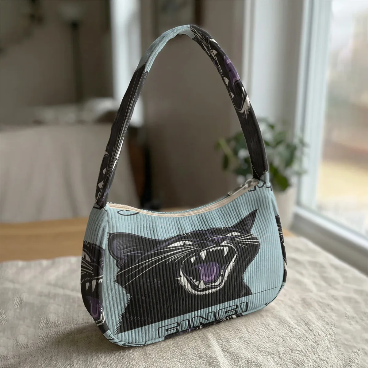 sac à bandoulière tendance imprimé chat noir en colère, sac sous le bras en velours côtelé pour un usage quotidien décontracté