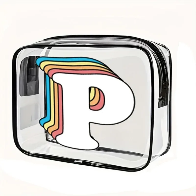 organisateur voyage cosmétiques pvc translucide poignée noire motif arcs-en-ciel lettre grande capacité format tonneau sac compression