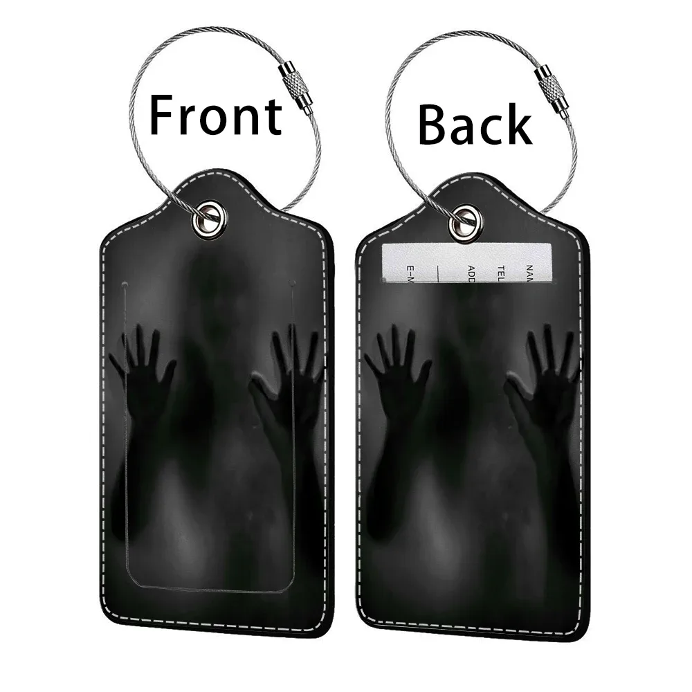 promotion étiquette de bagage en cuir à motif d'horreur, étiquette d'adresse pour valise, étiquette d'embarquement pour bagage, clip pour nom, identifiant et adresse