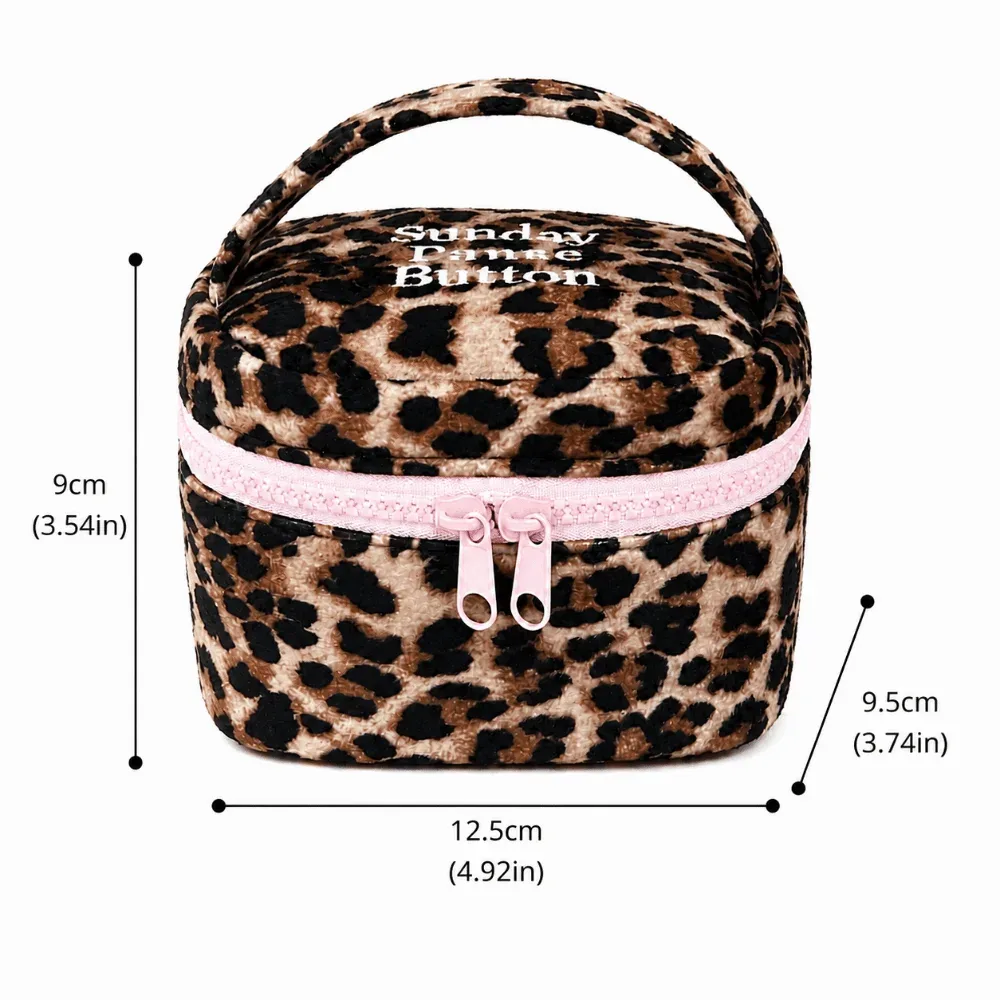 trousse polyester léopard beige imprimé animaux velours marron fermeture glissière rose poignée transport voyage