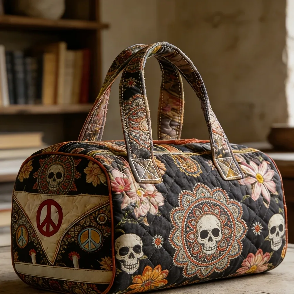 sac de voyage matelassé bohème hippie gothique avec motifs crâne, floral et symbole de la paix, sac fourre-tout de voyage, sac à main, sacs de week-end pour hommes et femmes