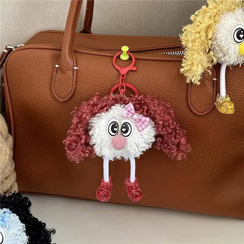 porte-clés poupée en peluche à cheveux bouclés et moelleux avec joli nœud, idéal comme pendentif de sac à dos, cadeau pour adolescentes