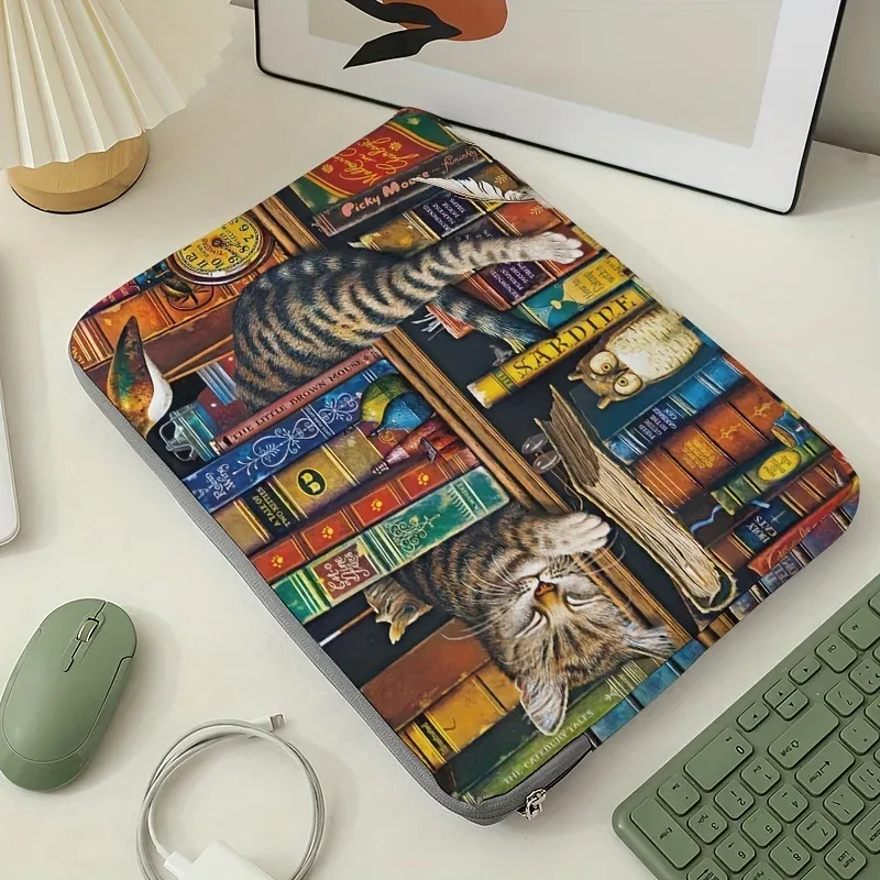 housse polyester ordinateur portable chat dormant livres colorés poignées noires transport originaux hibou livre ouvert horloge