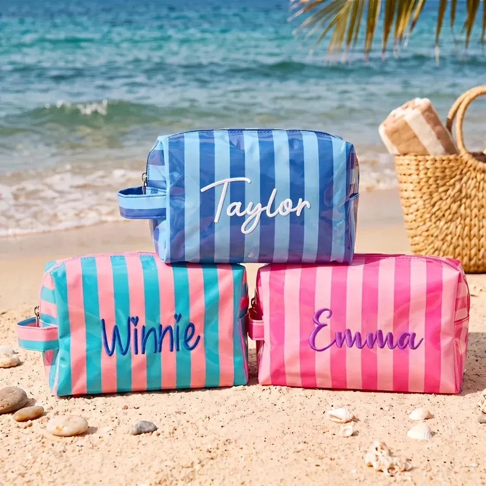 trousse de toilette rayée avec nom brodé, portable, imperméable, multifonctionnelle, cadeau pratique pour demoiselle d'honneur de mariage