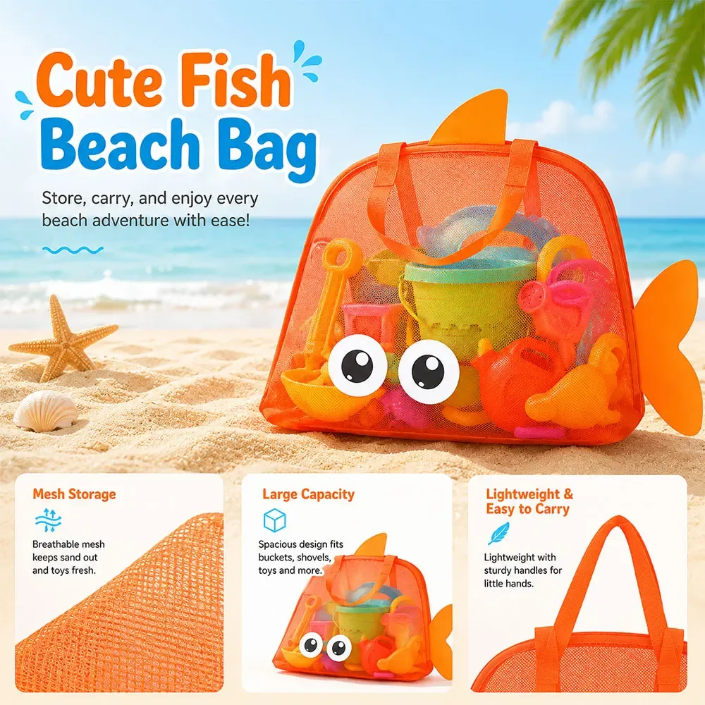 sac de plage en maille à motif de dessin animé, grande capacité, pliable, sac de rangement pour jouets de sable, sac de piscine léger pour la plage, les voyages et le camping