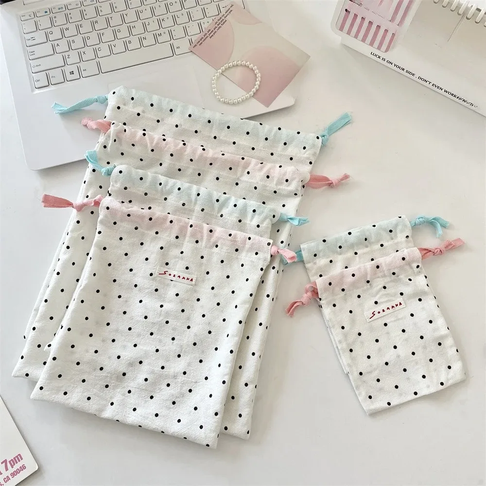 sac de maquillage à cordon de serrage à pois mignons, pochette de rangement portable pour organisateur de cosmétiques de voyage kawaii