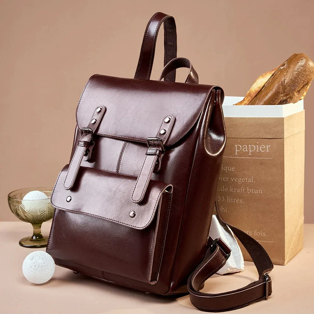 nouveau sac à dos antivol en cuir véritable, durable, grande capacité, sac à dos vintage pour ordinateur portable pour femmes, 14 pouces, en cuir de vache, pour l'école et le collège