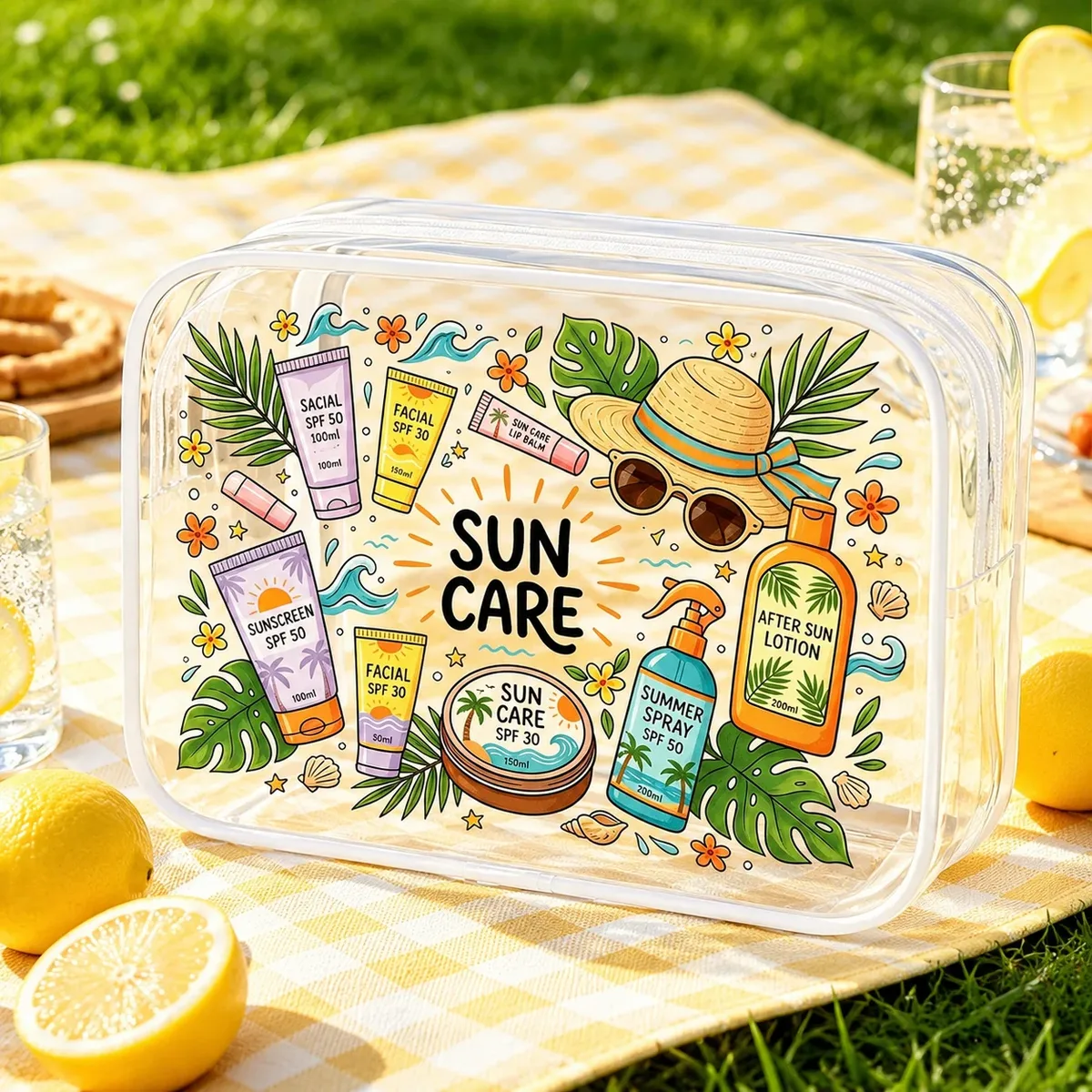 trousse de toilette transparente en pvc imprimée sun care, pochette de voyage imperméable pour cosmétiques, organisateur de maquillage pour femme, rangement pour soins de la peau à la plage