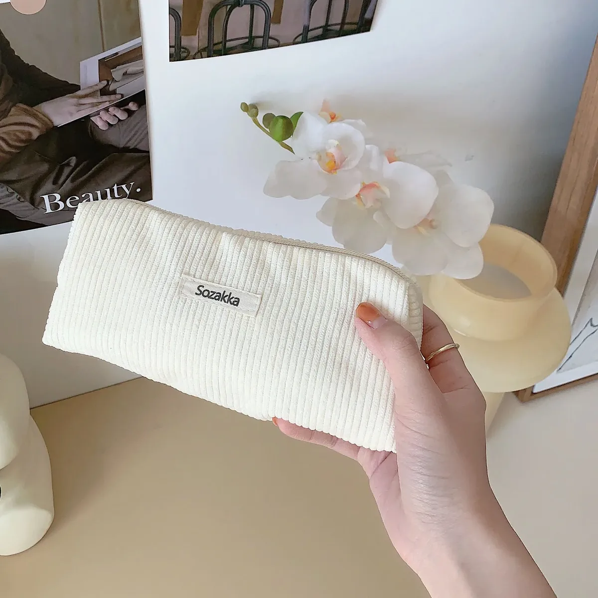 grand sac à cosmétiques en tissu velours côtelé pour femmes, pochette de maquillage pour filles, sac de voyage à main, étuis de rangement de rouge à lèvres, pochette à fermeture éclair pour téléphone
