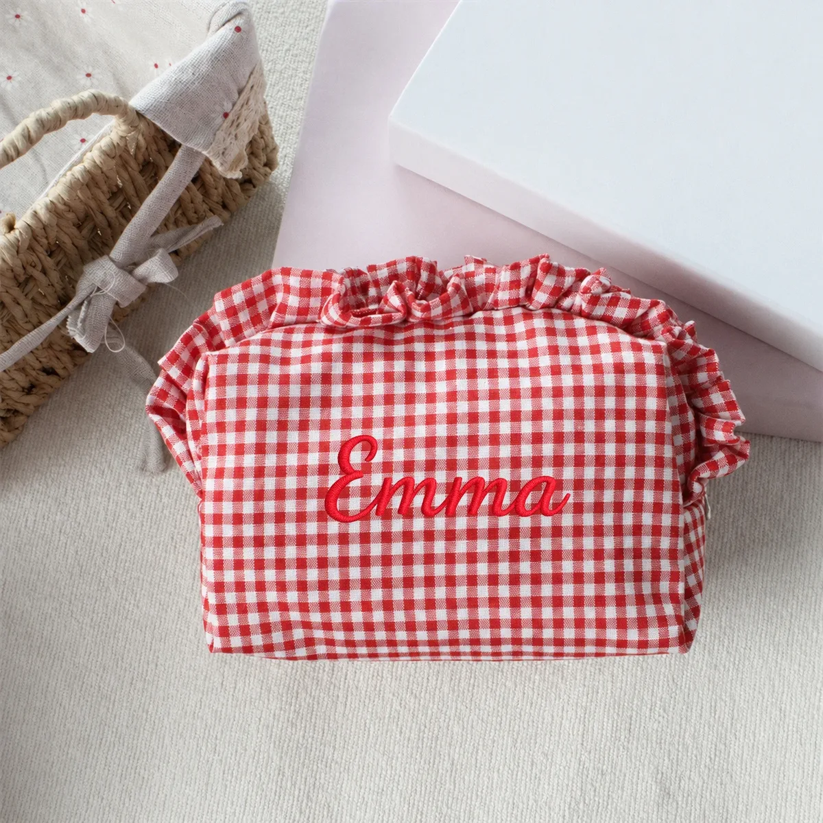 pochette à maquillage personnalisée avec une délicate bordure à volants, jolie pochette cosmétique coréenne douce, idéale pour un usage quotidien ou en vacances, cadeau pour demoiselle d'honneur