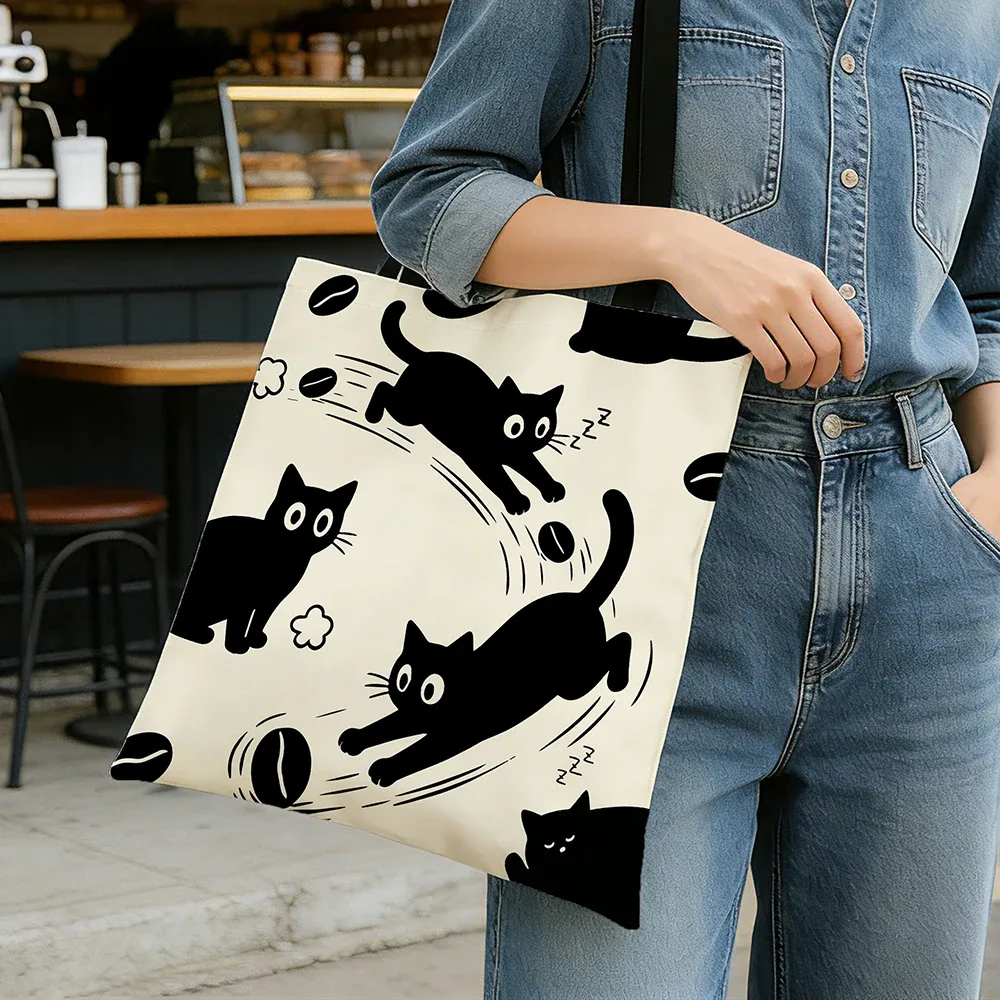 sac fourre-tout en toile motif chat noir et café – imprimé chaton mignon et ludique avec motifs latte et grains de café, sac à bandoulière bohème écologique