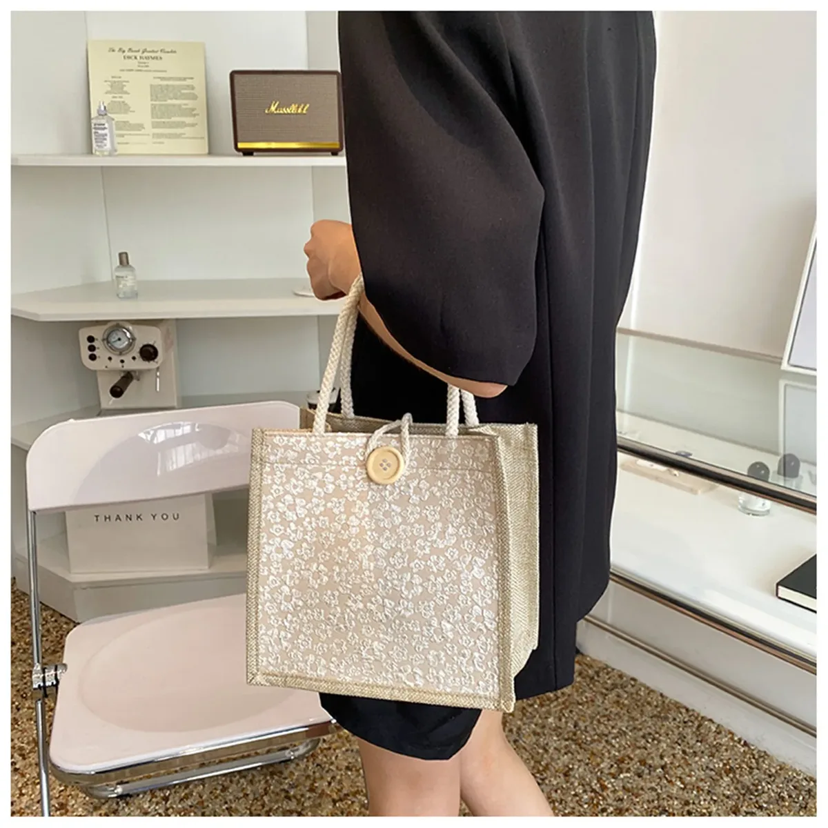 sac fourre-tout en coton à motif floral, sac à main polyvalent portable de grande capacité, sac d'emballage cadeau, sac à déjeuner, sac de shopping à boutons en lin