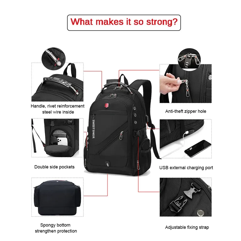 sac à dos étanche pour ordinateur portable 15.6/17.3 pouces, chargeur usb, sac à dos suisse, sac de voyage pour femmes, sac d'école vintage mochila