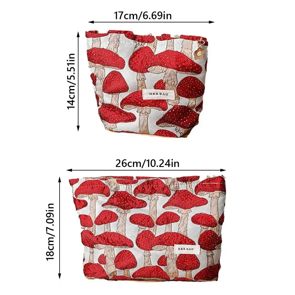 sac de maquillage en toile simple, sac de rangement de lavage imprimé champignon rouge, sac à main portable de taille m/l, rangement de produits de soins de la peau