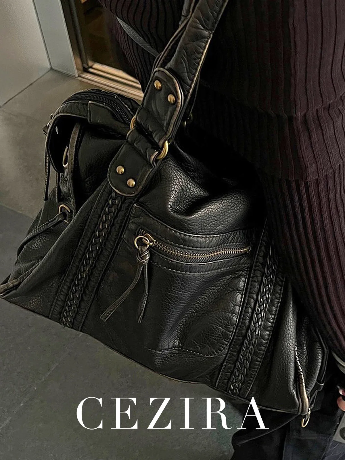 Vintage lavé en cuir PU grande capacité fourre-tout poches zippées tresse décor épaule sac à bandoulière unisexe femmes voyage quotidien sac à main