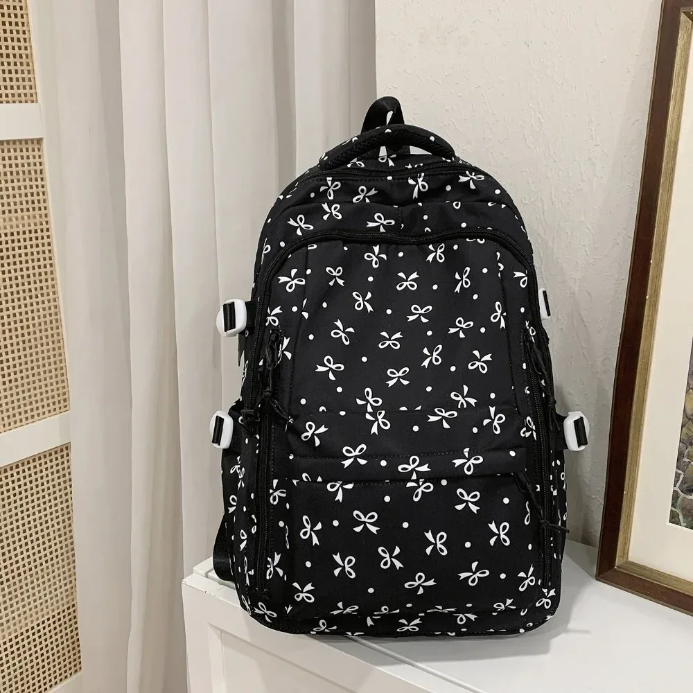 sac à dos mignon à imprimé floral de grande capacité, multi-poches, motif de nœud épaissi, sac d'école léger et durable, sac à dos de voyage