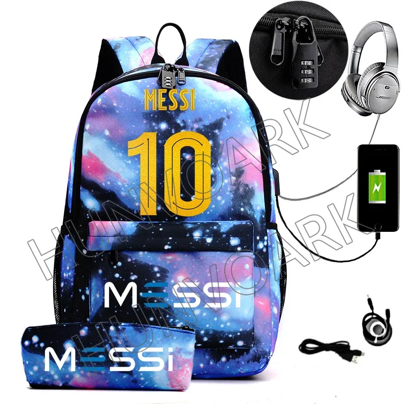 messi-sac à dos étanche avec chargeur usb, sac à dos de voyage décontracté, grande capacité, sacs d'école pour ordinateur portable, hommes et femmes