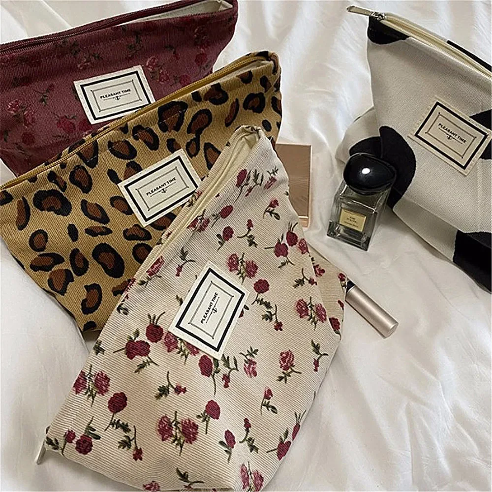 sac à cosmétiques en velours côtelé de grande capacité pour femme, trousse de maquillage à fermeture éclair, pochette de rangement de cosmétiques de voyage portable