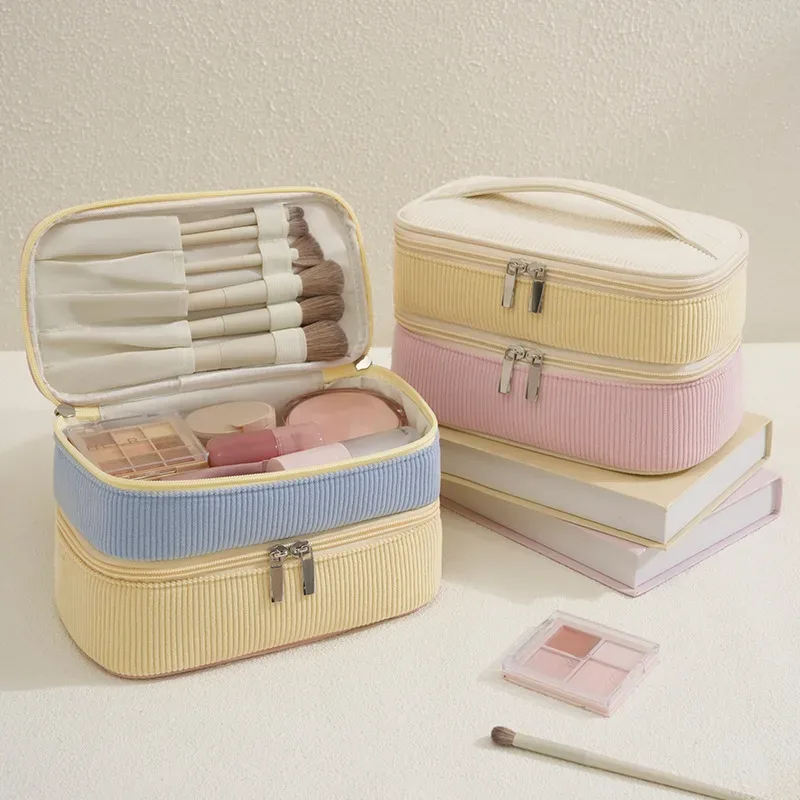 nouvelle trousse de maquillage à double couche de grande capacité, en matériau souple, avec fermeture éclair, sac de rangement portable à main.