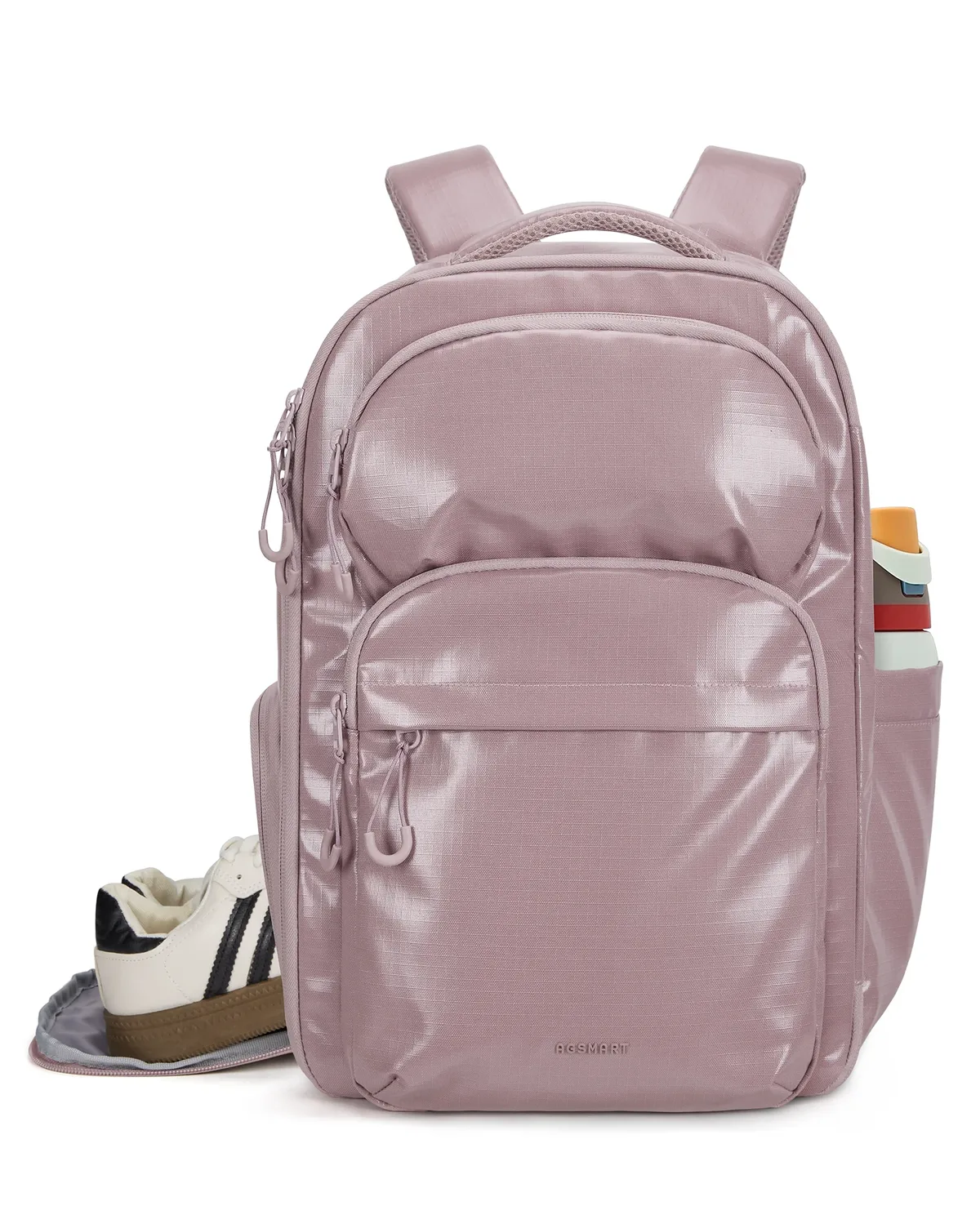 sac dos polyester beige forme rectangulaire poches latérales compartiment chaussures capacité 27l usage voyage école affaires