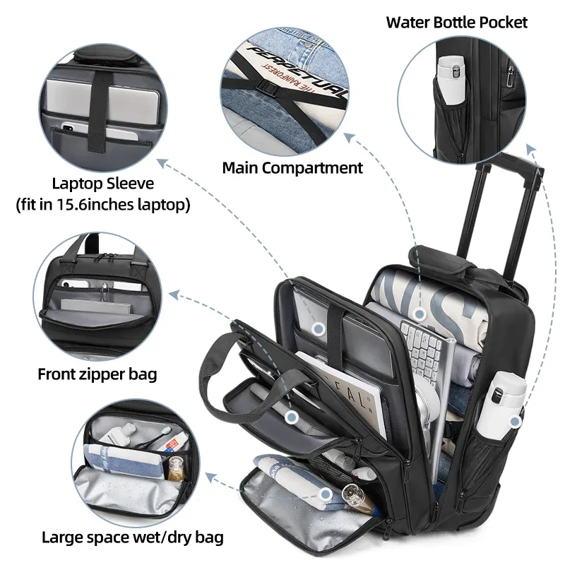 sac à dos de voyage à roulettes pour homme, sac à dos imperméable sur roulettes, bagages à roulettes pour l'embarquement.