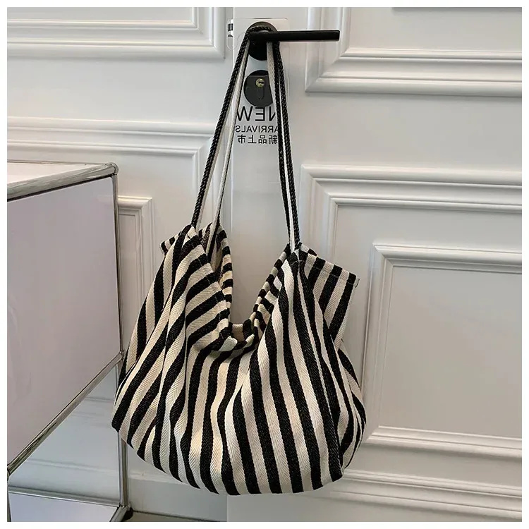 grande capacité style coréen rayure toile sac fourre-tout femme décontracté simple sacs à bandoulière shopping sac à main quotidien fourre-tout sac