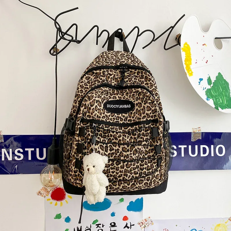 sac à dos vintage à imprimé léopard, grande capacité, sac d'école avec poche latérale en maille, pour étudiants, voyages, streetwear