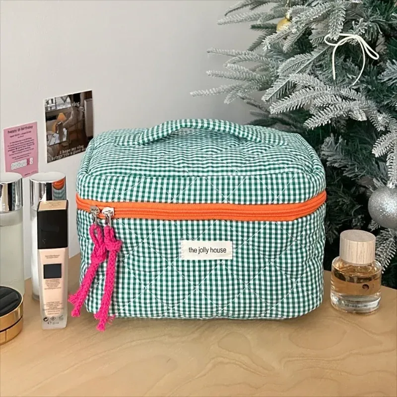 sac de maquillage à carreaux bloquant les couleurs pour femmes, sac de rangement pour pinceaux de maquillage de grande capacité, trousse de toilette pour soins de la peau