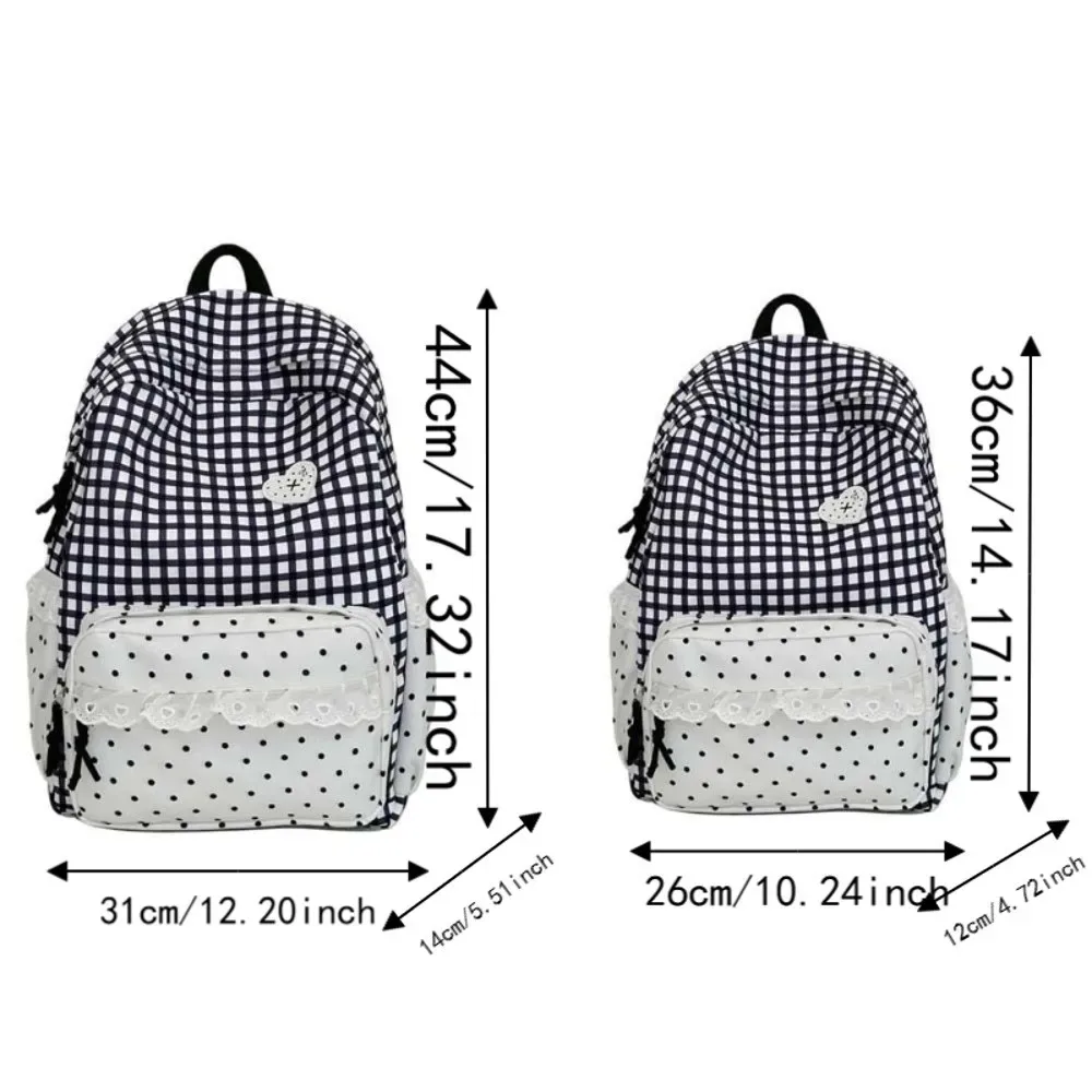 sac à dos coréen à carreaux gingham, design à volants, couleurs pastel, sac d'école en dentelle, bretelles réglables, sac à dos à pois et à carreaux pour le quotidien et les voyages