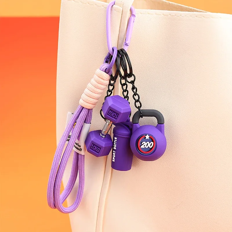 Porte-clés fitness avec breloques mini haltère, disque de poids et bouteille de sport, sangle de poignet à clipser pour clés, sacs et sacs à dos