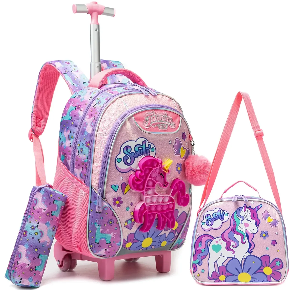 sac à dos à roulettes licorne pour filles et enfants, sac d'école à roulettes, bagage de voyage, cadeau mignon pour élèves du primaire, sac à roulettes