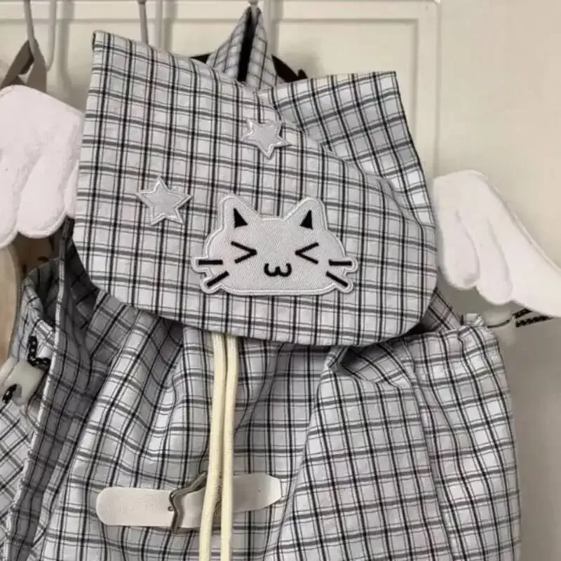 sac à dos chat brodé noir blanc style à carreaux léger mignon petites épaules polyvalent étudiant trajet campus sac à dos